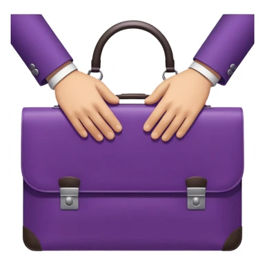 Minimal two-tone purple icon: two hands exchanging a briefcase. Geometric, transparent background. sticker
