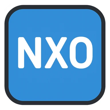 NxO in the center, bold white letters on a blue background, modern icon style sticker