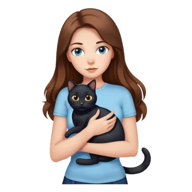 A sexy girl with long hair wearing a light blue tight short-sleeved shirt holding a black cat sticker