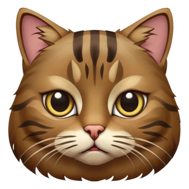 Cinematic Grumpy Brown Tabby Cat Portrait Emoji, Head tilted slightly with a deeply unimpressed expression, thick brown fur with dark, pronounced tabby stripes and a furrowed brow, large eyes narrowed into an unamused glare, whiskers slightly drooping in exasperation, Simplified yet comically expressive features, highly detailed, glowing with a dry, sarcastic glow, high shine, effortlessly judgmental yet dignified, stylized with a touch of cynicism, bright but brooding, soft glowing outline, capturing the essence of an eternally unimpressed yet endearing feline, so lifelike it feels like it could sigh heavily at you in disdain at any moment! sticker