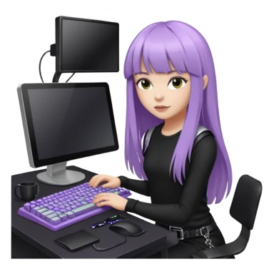 lilac girl with long hair and bangs worker and acessories with a pc worten the clothes black like an alternative sticker