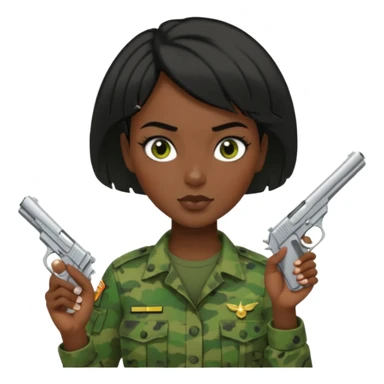 Dark skin Woman marine in green cammies with one handgun short black hair sticker