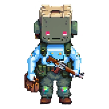 cartoon character with bag on head holding a gun full body sticker