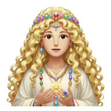 a being made of light pleidian nordic long faces and curly huge thick blond hair but beautiful features of light wearing jewels and a rainbow halo like a saint arount her a robe on made of light and gem  transparent belly dancer and who is lanky holding a bouquet of crystal flowers on rainbow fire sticker