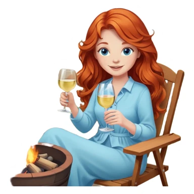 Happy redhead with long hair and blue eyes holding white wine sitting in chair beside fire pit in backyard sticker