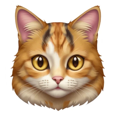 full body anxious looking colourful light calico tabby cat with hazel eyes  and half of face in brown tabby sticker