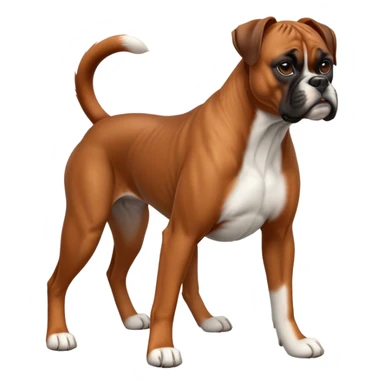 cinematic-[boxer dog]-realistic-full-body-sitting-emoji,-tail-resting-loosely-beside-its-paws,-head-tilted-dramatically,-sleek-[brown]-fur,-simplified-yet-realistic-focused-features,-highly-detailed,-glowing-with-an-almost-sarcastic-glow sticker