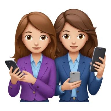 two brown haired girls, looking professional maybe leaned back on back and looking forward and using phones, with longer hair and with some cute clothes without ties, blowout hair, one girl can hold lap top athoer one can hold the phone sticker