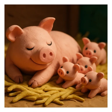 claymation style mother pig lying in straw with piglets around her, soft lighting, vibrant and cute sticker
