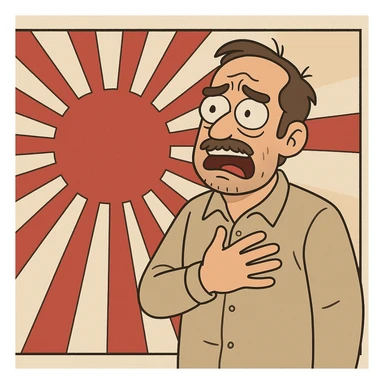 Japanese empire flag, red sun with rays, flat toon style sticker