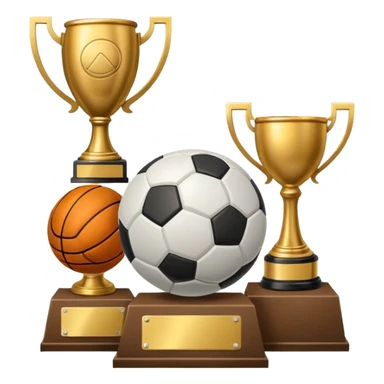 a basketball, soccer ball, volleyball, and a football all mixed with a trophy sticker