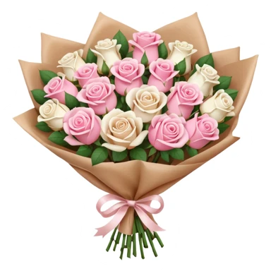 A brown paper-wrapped bouquet of pink and white fresh roses and baby’s breath sticker