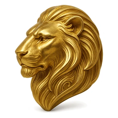 a gold lion head in profile, metallic sheen, bold and iconic sticker