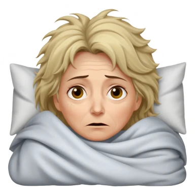 A 55-year-old woman lying in bed at night, unable to sleep. She looks exhausted and desperate, with visible dark circles under her eyes, tired facial expression, slightly messy hair. She is under the blankets, staring at the ceiling.  sticker