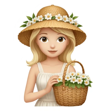 summer beautiful wicker hat, beach beige bag and bouquet of white flowers and blonde girl in Italy white dress sticker