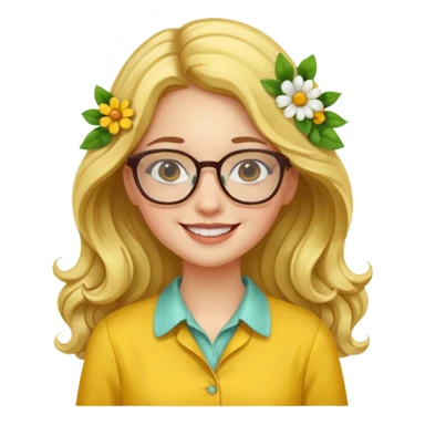 girl with a yellow blouse with flowers, with hair long hair in waves with glasses smiling sticker