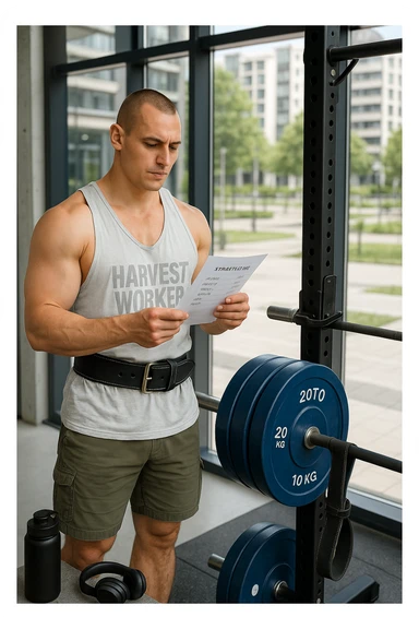 un uomo prepara con cura il suo set di pesi e la cintura per streetlifting, controllando una lista di esercizi e ripetizioni scritta su un foglio. Accanto a lui, una borraccia e delle cuffie. L’espressione è serena e sicura, a sottolineare l’importanza della programmazione per un allenamento efficace. Lo sfondo è un’area fitness urbana, pulita e ben attrezzata. sticker