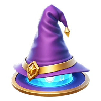 Clash of Clans aesthetic: Cinematic Playful Wizard's Hat Emoji, rendered in a 3D vector-style similar to standard emojis with minimal shading and bold, simplified shapes. A compact, isometric pointy hat with a wide brim adorned with mystical symbols and subtle enchanted shimmer, softly glowing with a magical whimsical charm. Simplified yet unmistakably iconic, highly detailed and consistent, glowing with a soft radiant glow and high shine. Stylized with a touch of classic sorcery and a soft glowing outline, capturing the essence of a legendary wizard’s hat with a friendly, playful manner! sticker