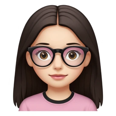 Girl with dark straight long hair, divided in the middle hairstyle. White skin, black eyes, wearing black shirt and tortoise framed glasses. The mounth is light old pink, with light smile with no teeth. sticker