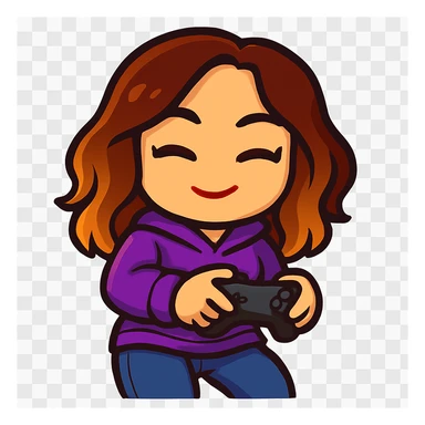 Update this chibi emote to remove the headband and change the outfit to a cute purple hoodie and jeans, holding a game controller in a gaming pose sticker