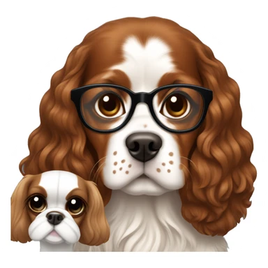 White girl with brown hair wearing glasses holds a king charles spaniel dog sticker