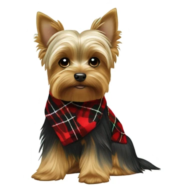 brown and white BOY yorkie with a red and black plaid sweater the a name tag bruno with a green christmas bandana around the neck sticker