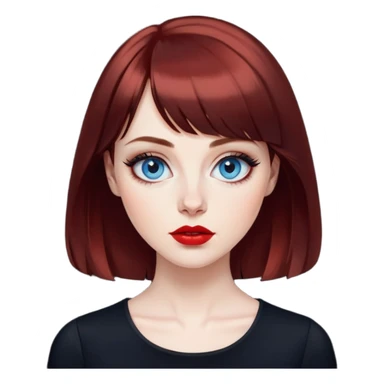 Artistic woman with pale skin, oval face, large blue eyes with eyeliner, thin eyebrows, small nose, red lipstick, dark auburn hair with bangs and slight waves, wearing a stylish black top, creative expression sticker
