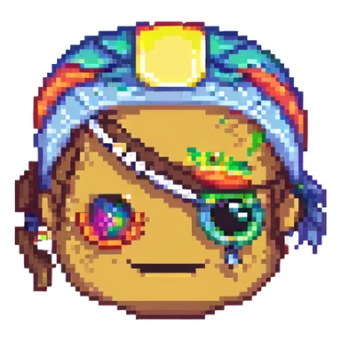 pirate with rainbow eyepatch and earring, smiling, pixel art style sticker