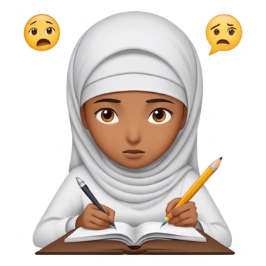 muslim girl writing in notebook with difficulty, with confusion, emoji question sticker