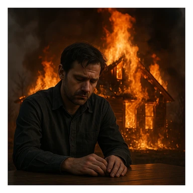 a man sits sadly at a table, a house is burning behind him, dramatic emotional scene sticker