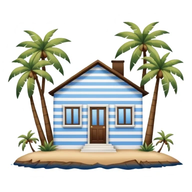 A full square white and blue stripe house horizontally with brown wooden door on a island with palm trees  sticker
