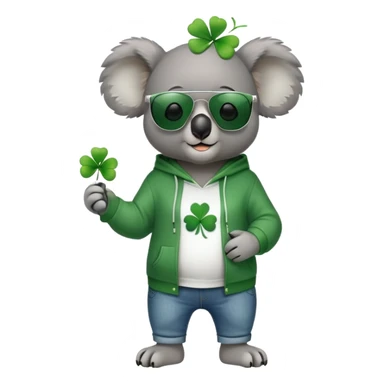 anthropomorphised koala, full body, wearing a hoodie and jeans, dark sunglasses, headphones, dressed for St. Patrick's Day, different pose sticker