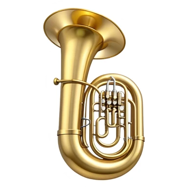 Create a large and bold emoji representing a tuba. The design should feature the tuba’s iconic, large, curved brass body, with its wide bell and tubing wrapping around. Highlight the visible valves and their metal buttons, showcasing the characteristic structure of the instrument. The brass finish should be shiny, with golden tones and subtle reflective light effects to highlight its polished surface. Add soft musical notes or soundwaves emanating from the bell to evoke the deep, resonant sound of the tuba. The background should be transparent. sticker