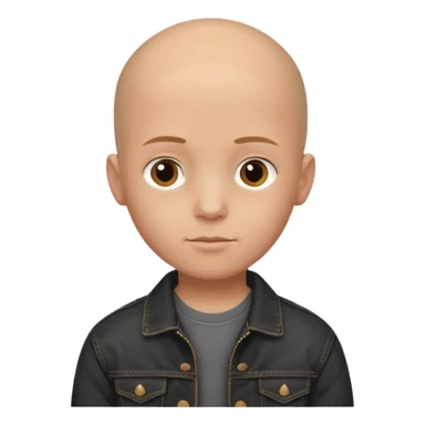  a young boy with bald head, black jeans jacket, plain forehead sticker