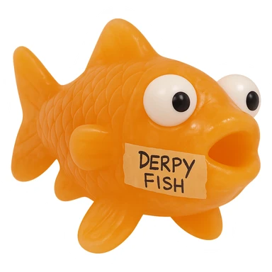 Make the fish slightly more transparent and a bit shinier. Keep the masking tape stuck across the whole side with 'Derpy Fish' written in sloppy sharpie handwriting. The fish should remain bright orange, retro 90's toy look, derpy eyes, soft plastic, soft and squishy texture, some cloudiness, highly detailed, appealing. The masking tape should look realistic and clearly stuck to the fish's body. No background. sticker