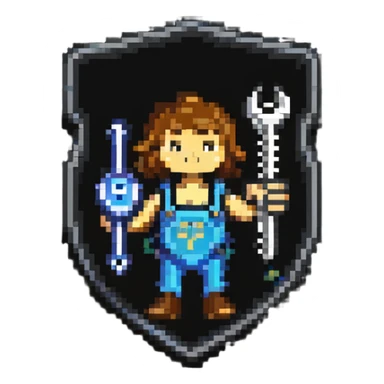 Shield-shaped badge with pixel art person holding car wrench key, colorful IT support design sticker