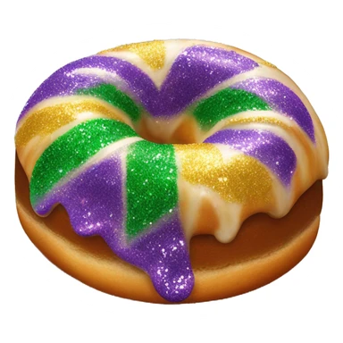 Realistic single isolated flat mardi gras cinamon bun king cake with glitter icing on top half of the cake. sticker