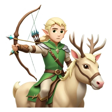 clash-of-clans-aesthetic-blond-male elf-archer-portrait-emoji, rendered in a flat, vector-style with minimal shading and bold, simplified shapes, head tilted slightly forward with a determined, focused expression, riding a majestic white stag whose antlers glow with mystical energy, set against an ancient, enchanted forest backdrop. sticker
