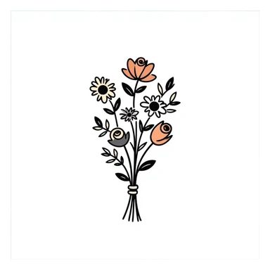 a hand-tied bouquet of assorted flowers with stems and leaves, pastel colors dd9fb0, ffc6d3, a3bfc9, c4bee2, f1b091, detailed hand-drawn doodle style sticker