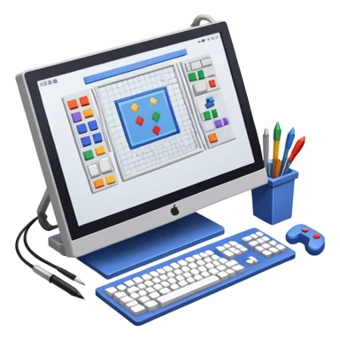 Professional icon for Game Design: computer screen with game interface, 3D models, pixel art, grid, and wireframe. Tools like stylus and controller. Focus on design and development process. Transparent background. sticker