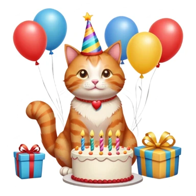 Ginger cat celebrates birthday, birthday hat, birthday cake, balloons, happy, gifts sticker