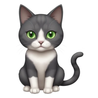 beautiful female solid dark grey cat with green eyes, white toes/paws and white patch on her chest playing sticker