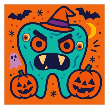 colorful and fun illustration of a tooth with Halloween theme, featuring spooky details like fangs, eyes, and pumpkin decorations sticker