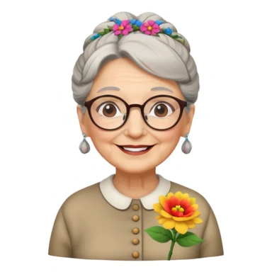 very old lady grandma wearing glasses with a bun and a flower in her hair emoji sticker
