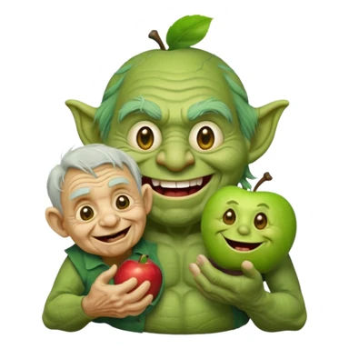 green troll grinning while holding a tiny terrified old man, cartoonish, apple emoji style sticker