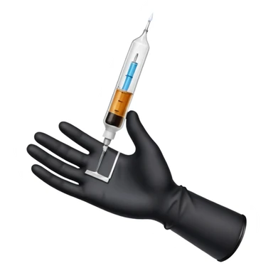 mano con guante medico de color negro sosteniendo una jeringa no tan grande y que solo se vea la mano hasta la muñeca, no el brazo y que el liquido de la jeringa sea transparente sticker