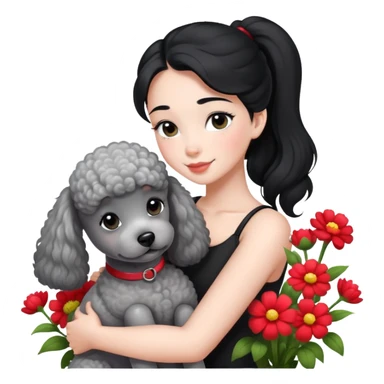 A beautiful girl with black ponytail happily hugs a gray poodle in the flowers sticker