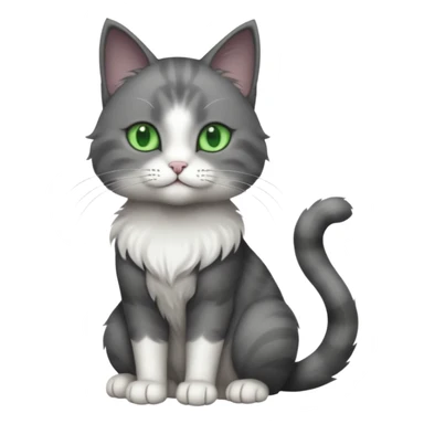 full body view of beautiful female solid dark grey cat with green eyes, grey face, white toes and white patch on chest sticker