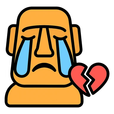 sobbing moai emoji with a broken heart next to it sticker
