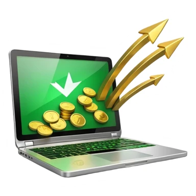 3D laptop icon with gold coins flying out of screen, green color (#0B3D2C), gold accents (#C9B037), upward arrows, glossy modern style, transparent background sticker